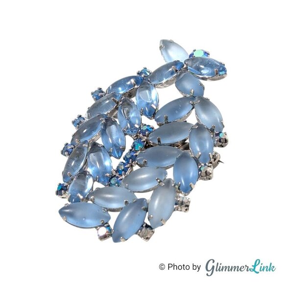 VTG Blue Navette & Aurora Borealis Rhinestones Silver Tone Mid Century Brooch - Picture 5 of 11